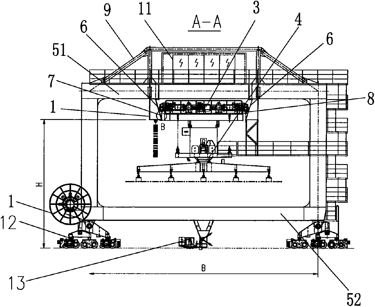 Double-super cantilever type electromagnetic gantry crane with large base distance