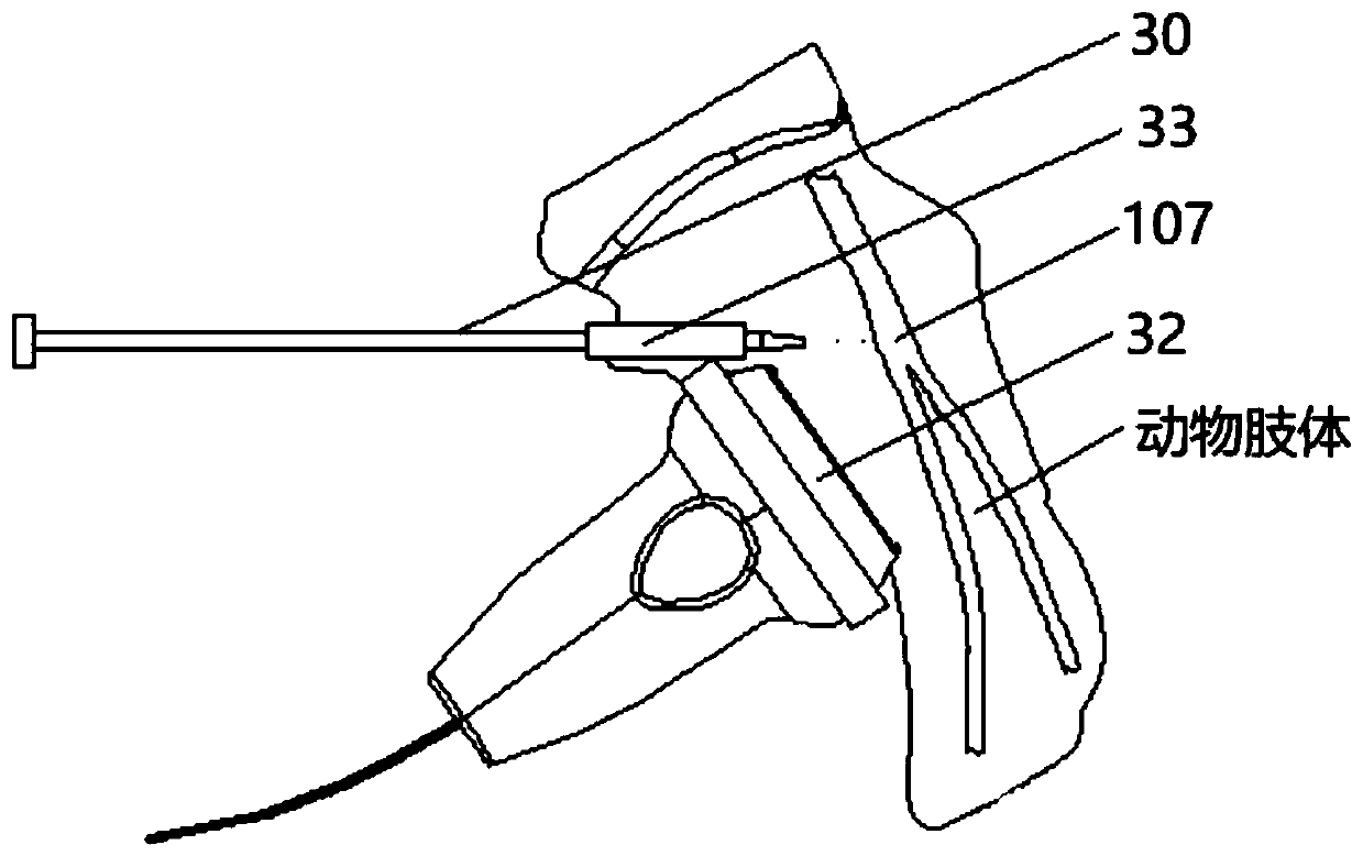 Ultrasonic guiding, positioning and adjusting device for animal in vivo tissue accurate injury