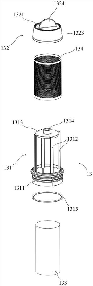 A filter element, a double-chamber dust-gas separation device, and a mite removal instrument having the same