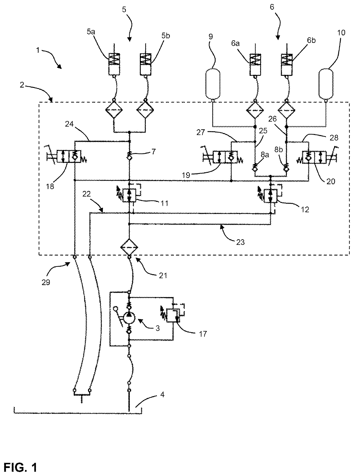 Hydraulic lifting device for a chassis of a mobile device, chassis and mobile device