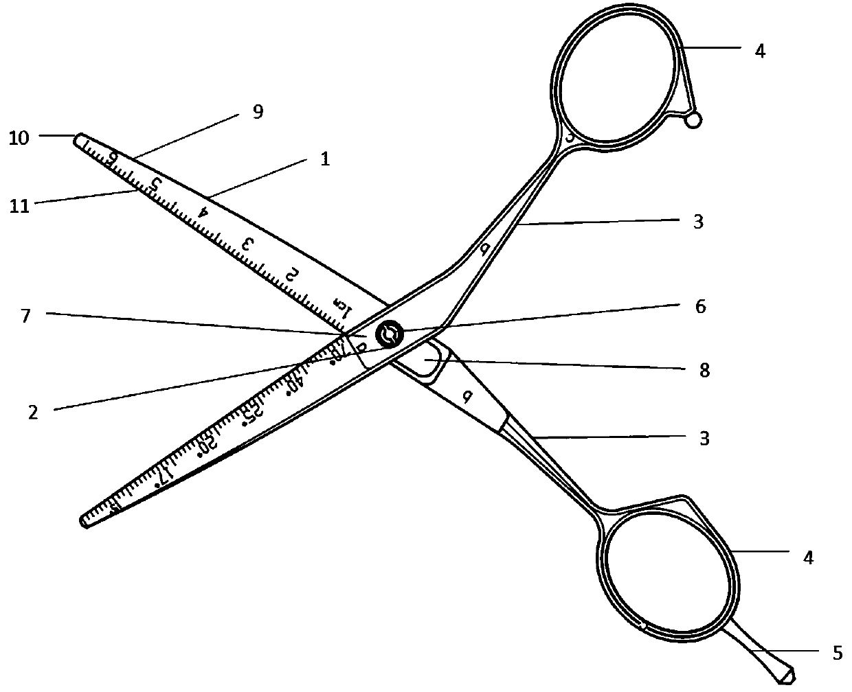 A kind of hairdressing scissors and its precise measuring and marking method