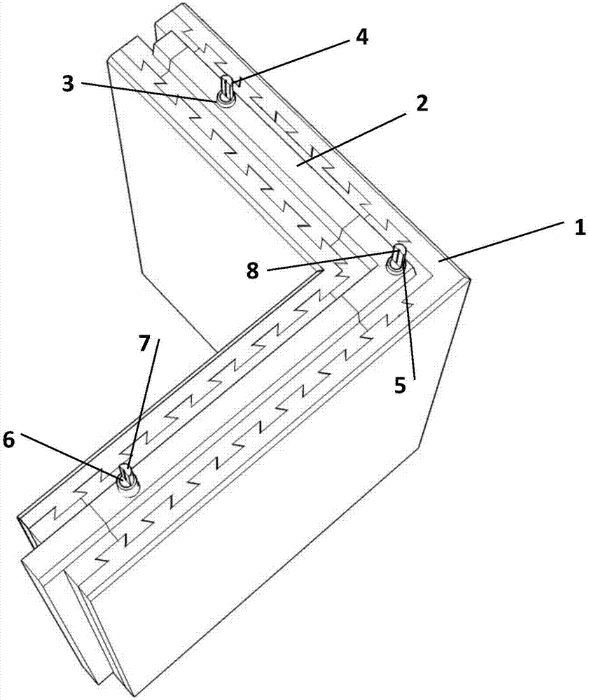 Sandwiched heat preservation L-shaped composite wall body with lead pipe-coarse sand energy-dissipation damping keys and construction method