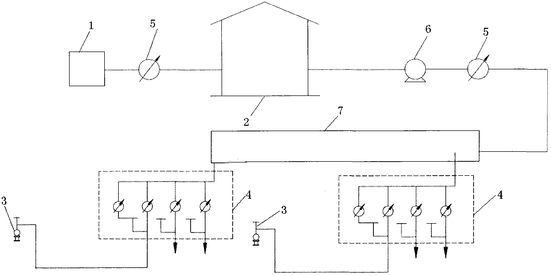 Single dry pipe multi-well water distribution system and water distribution process thereof