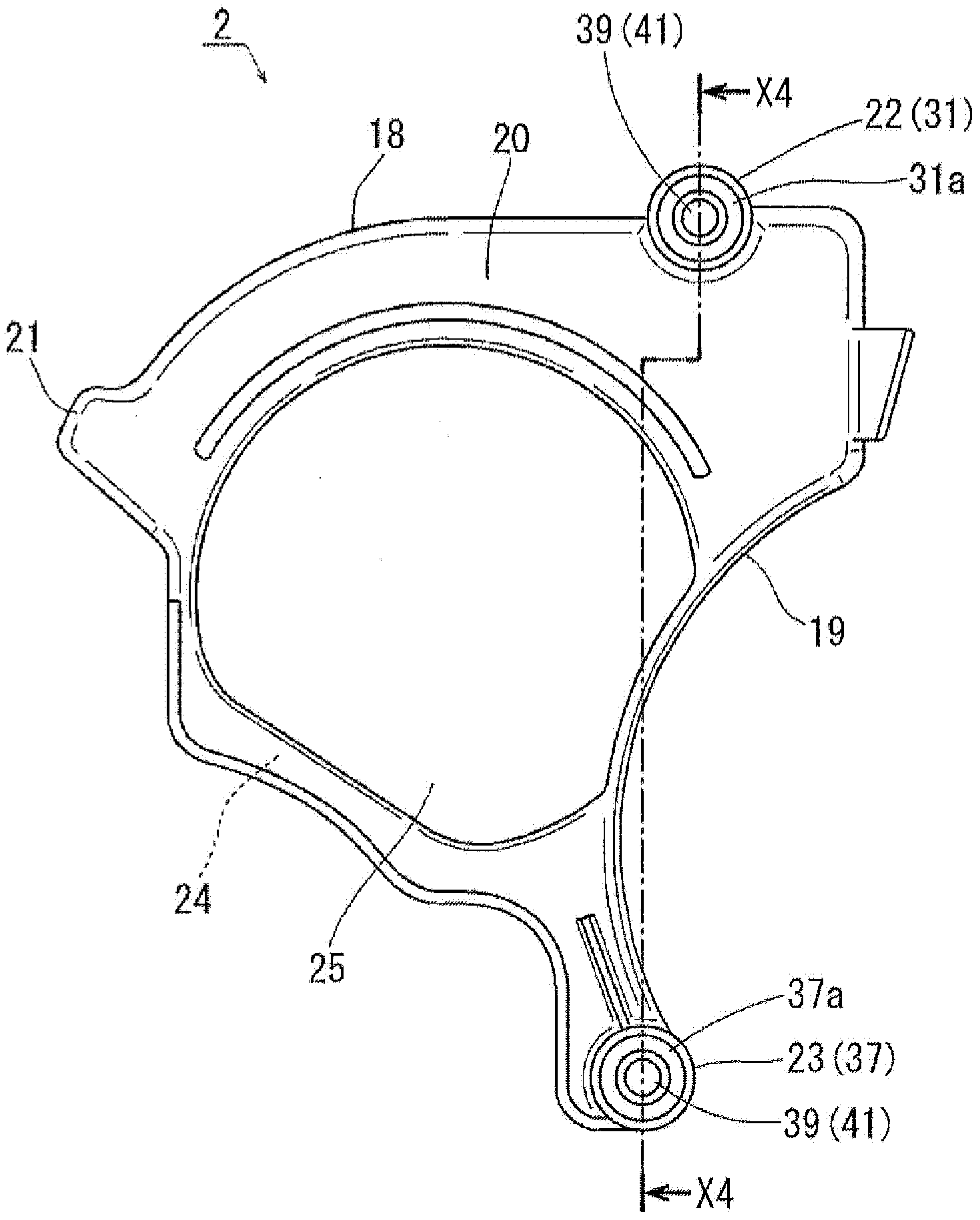 Holding structure of intervening member, intervening member, and wobbling-prevention member