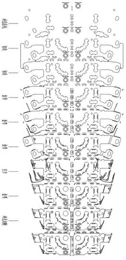 Automobile handrail reinforced left-and-right support continuous die