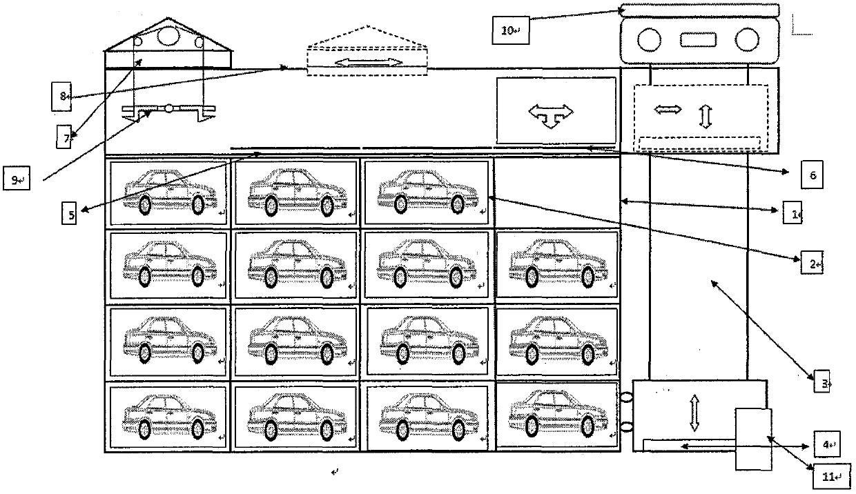 A channelless lifting and translational three-dimensional parking garage and method for parking and picking up cars
