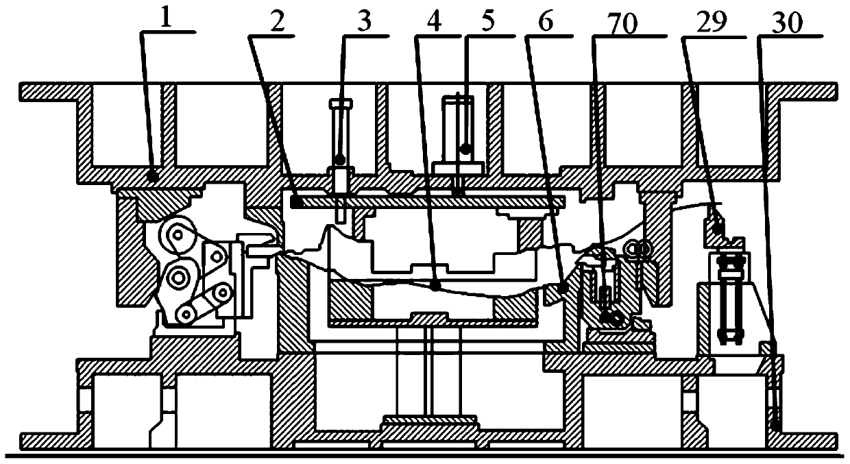 Pre-bending and press-edge combination die of inner plate and outer plate of automobile cover part and using method thereof