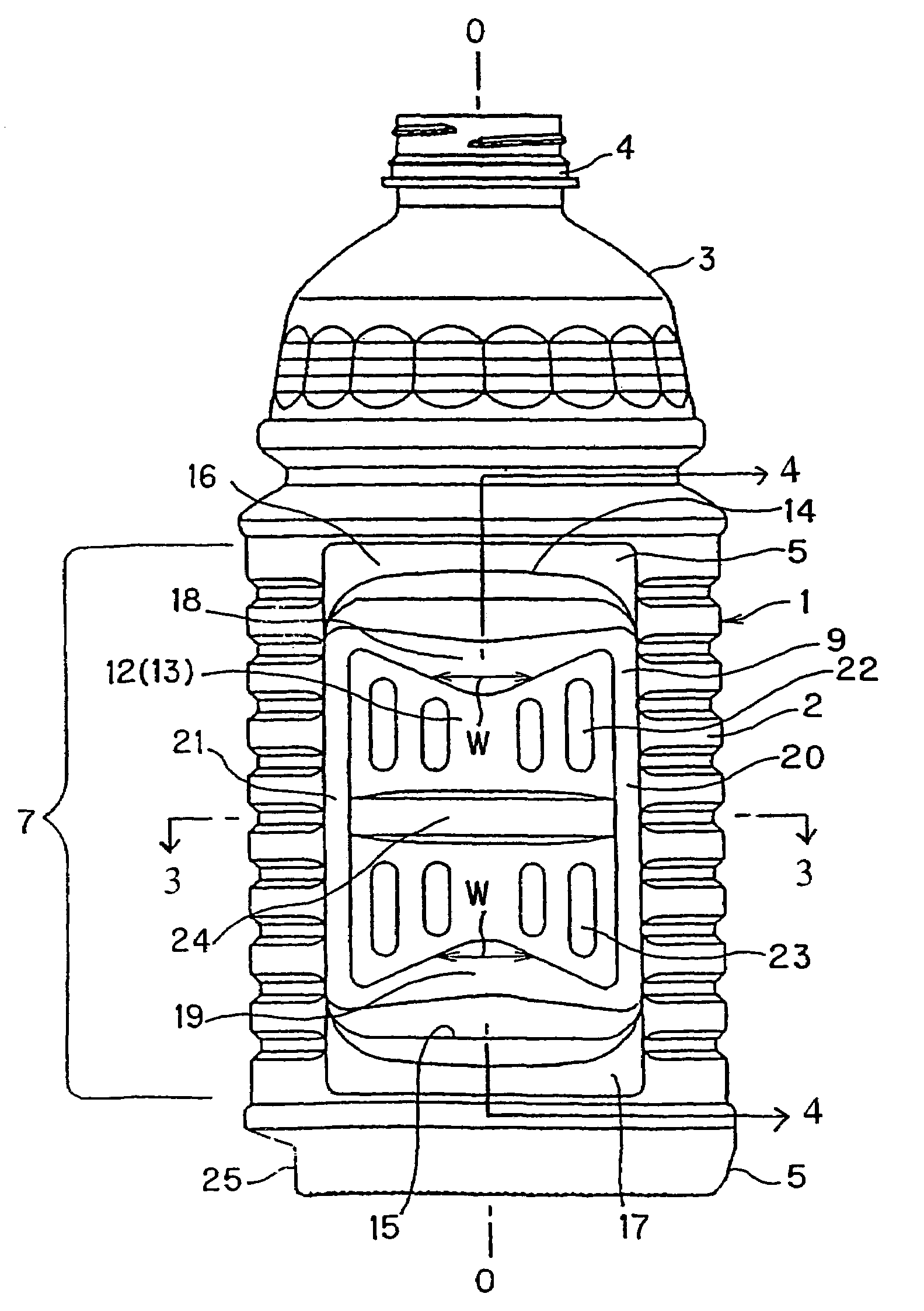 Synthetic resin container having a body with concaved portion for gripping and absorbing distortion of the body