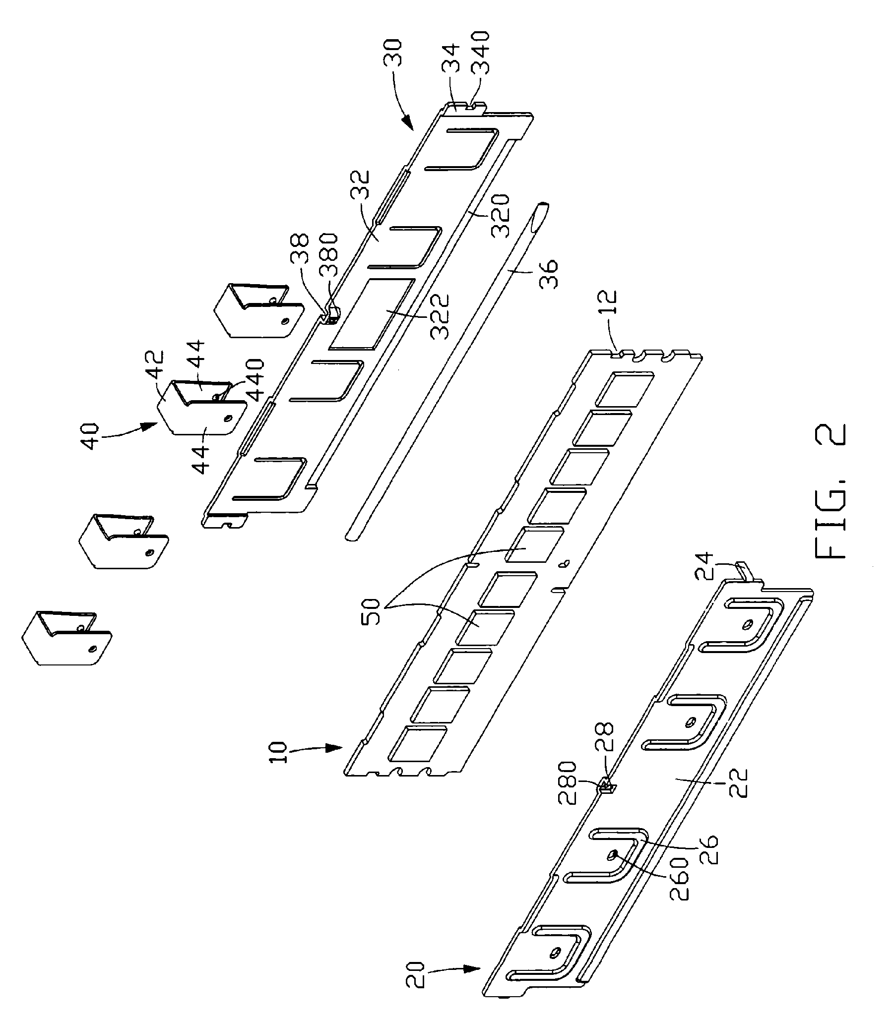 Memory module assembly including a clamp for mounting heat sinks thereon