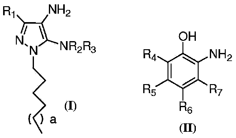 Oxidative dyeing compositions comprising an 1-hexyl/heptyl-4,5-diaminopyrazole and a 2-aminophenol and derivatives thereof