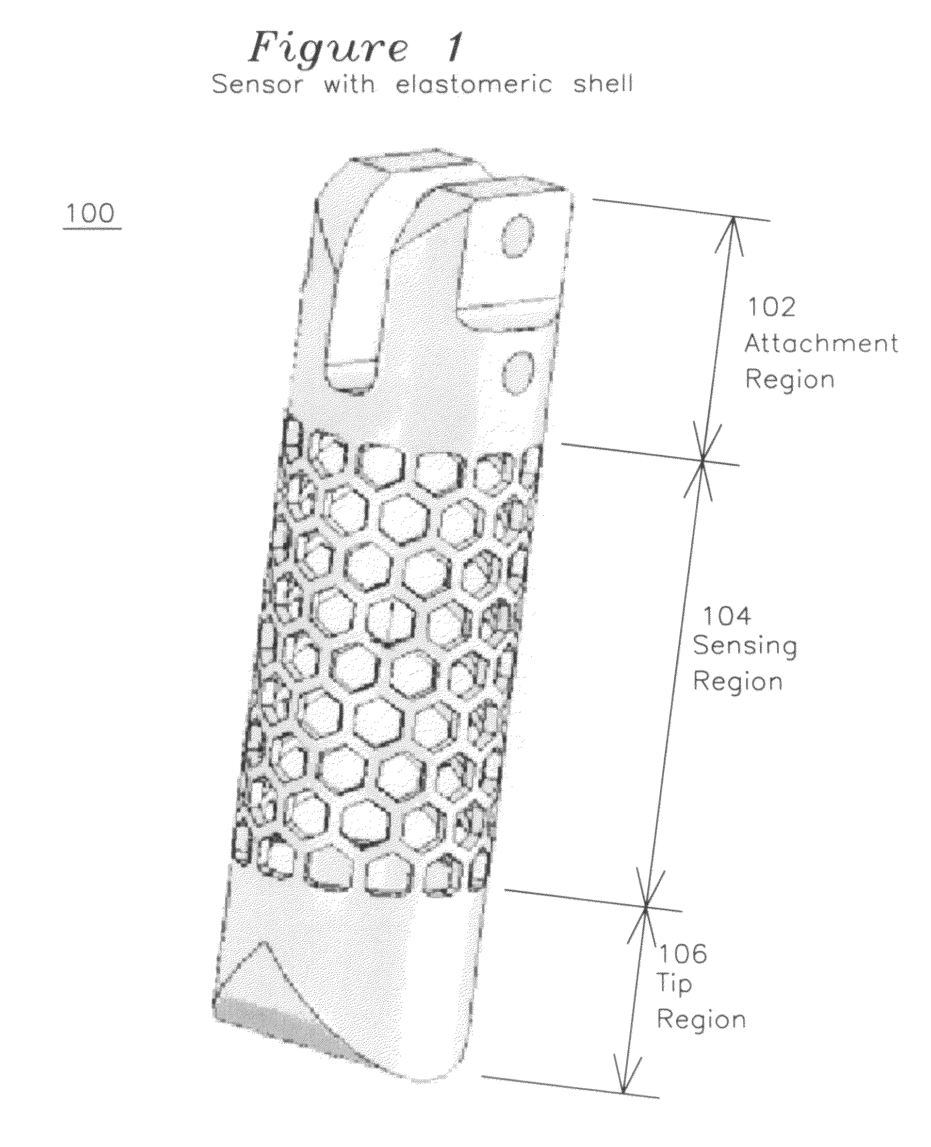 Force and deflection sensor with shell membrane and optical gratings and method of manufacture