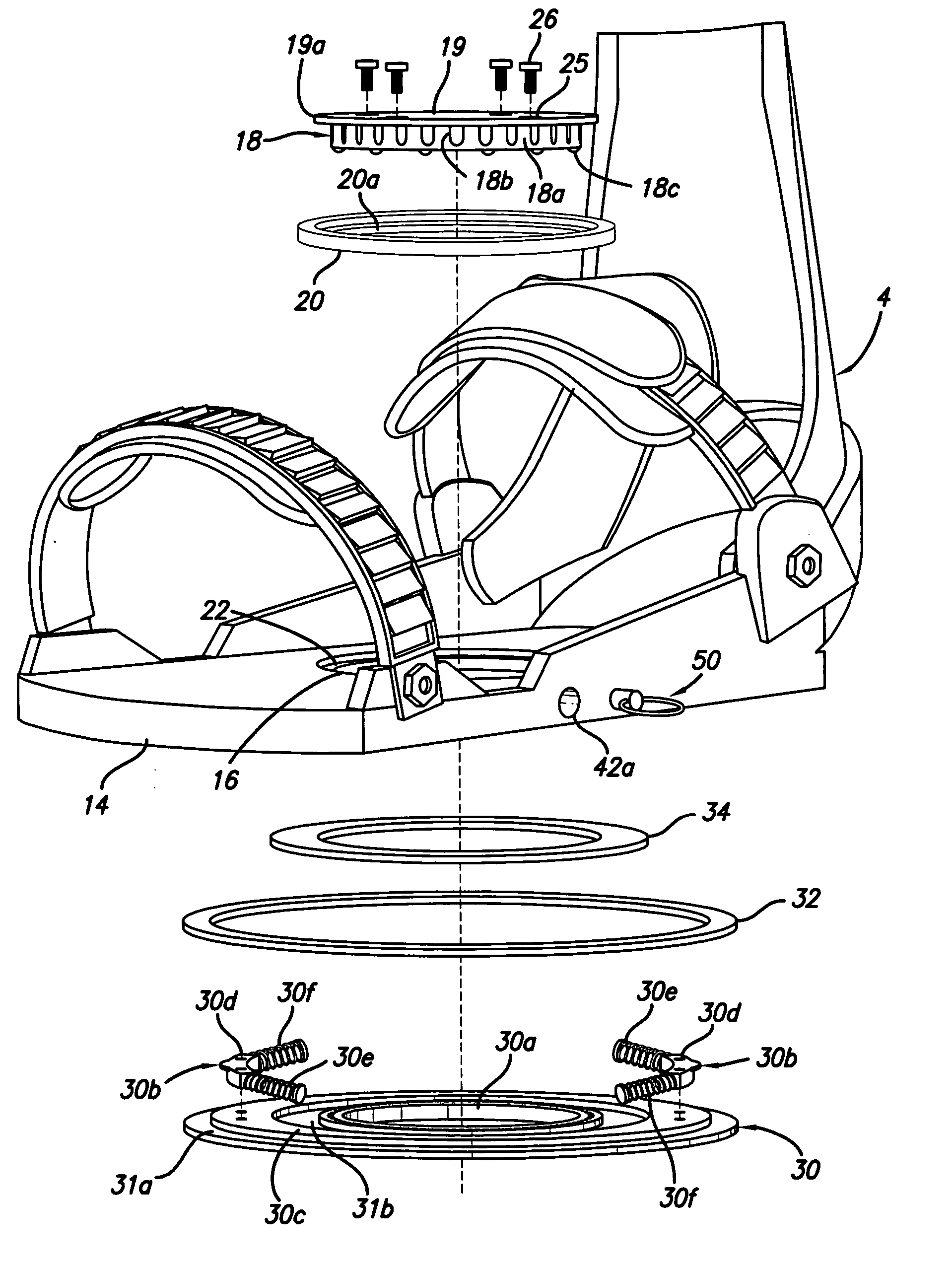 Freely rotatable binding for board sports with internal resilience and safety lock