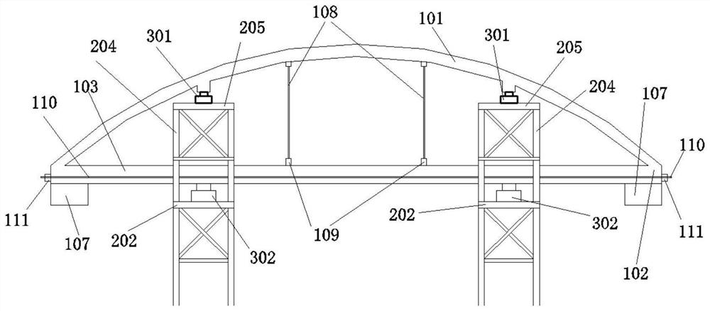 Longitudinal beam and arch rib forming control device of steel arch bridge