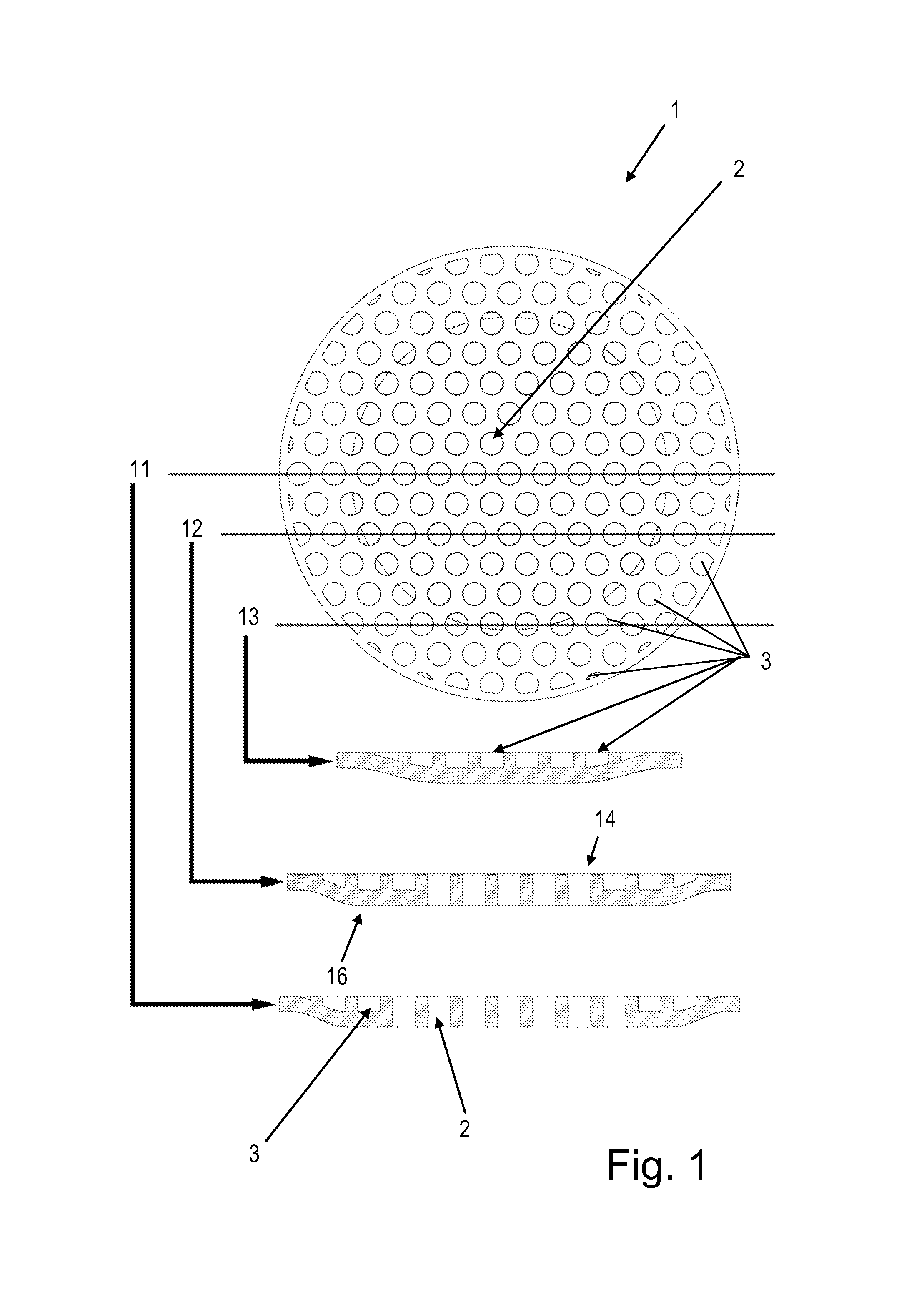 Injection molded cover element with uninterrupted hole pattern