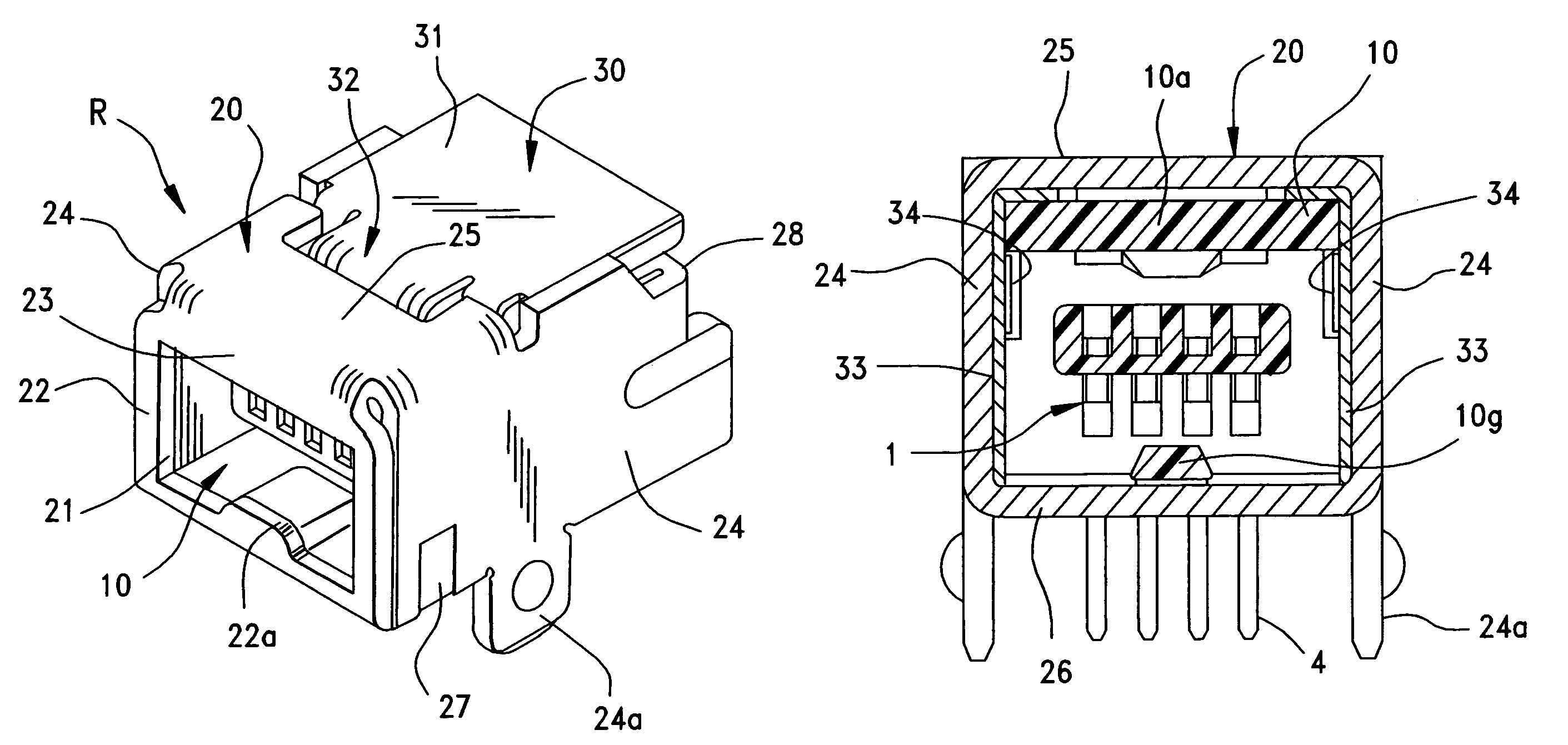 Shielded connector of reduced-size with improved retention characteristics