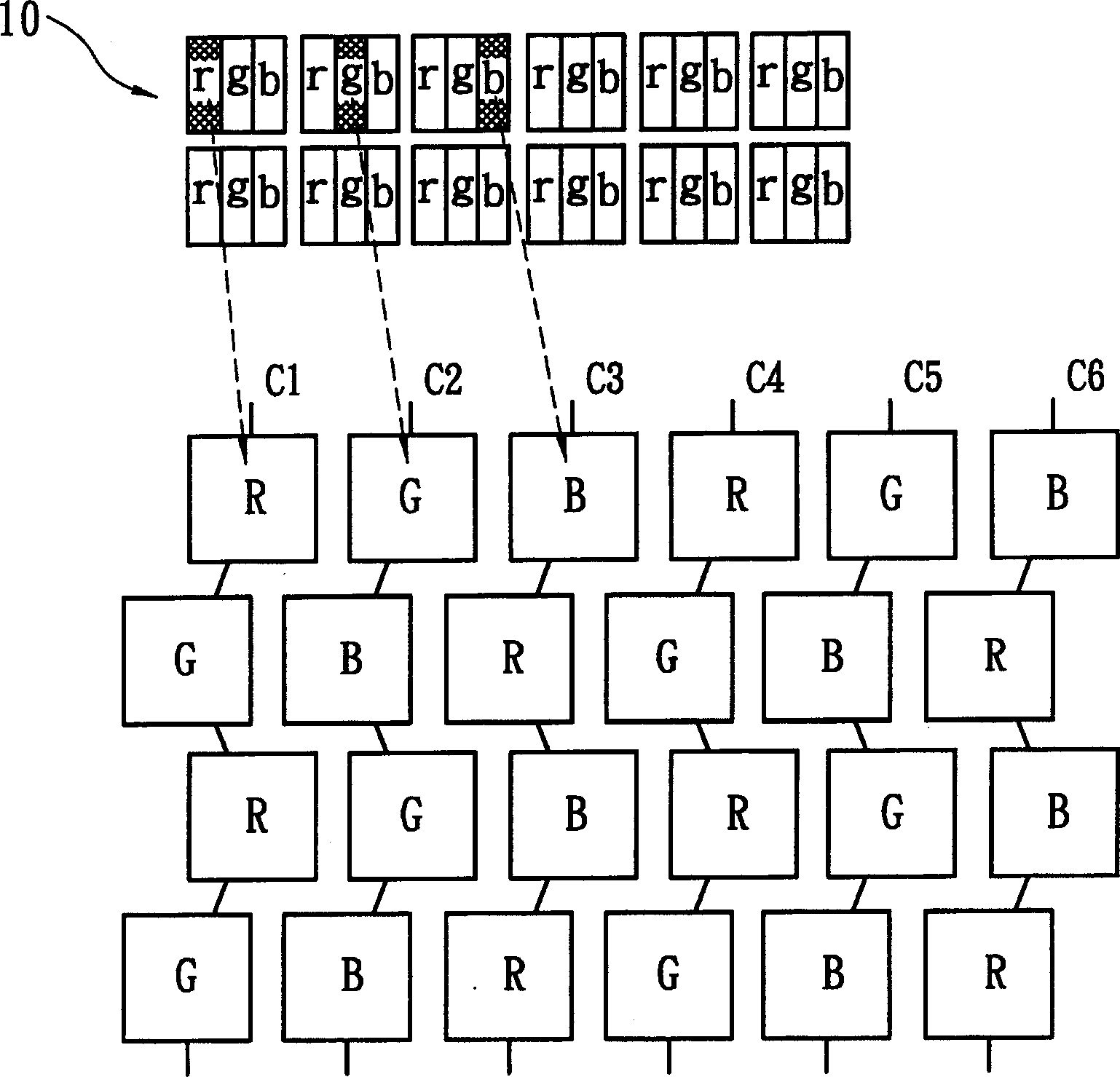 Shared pixel displaying method