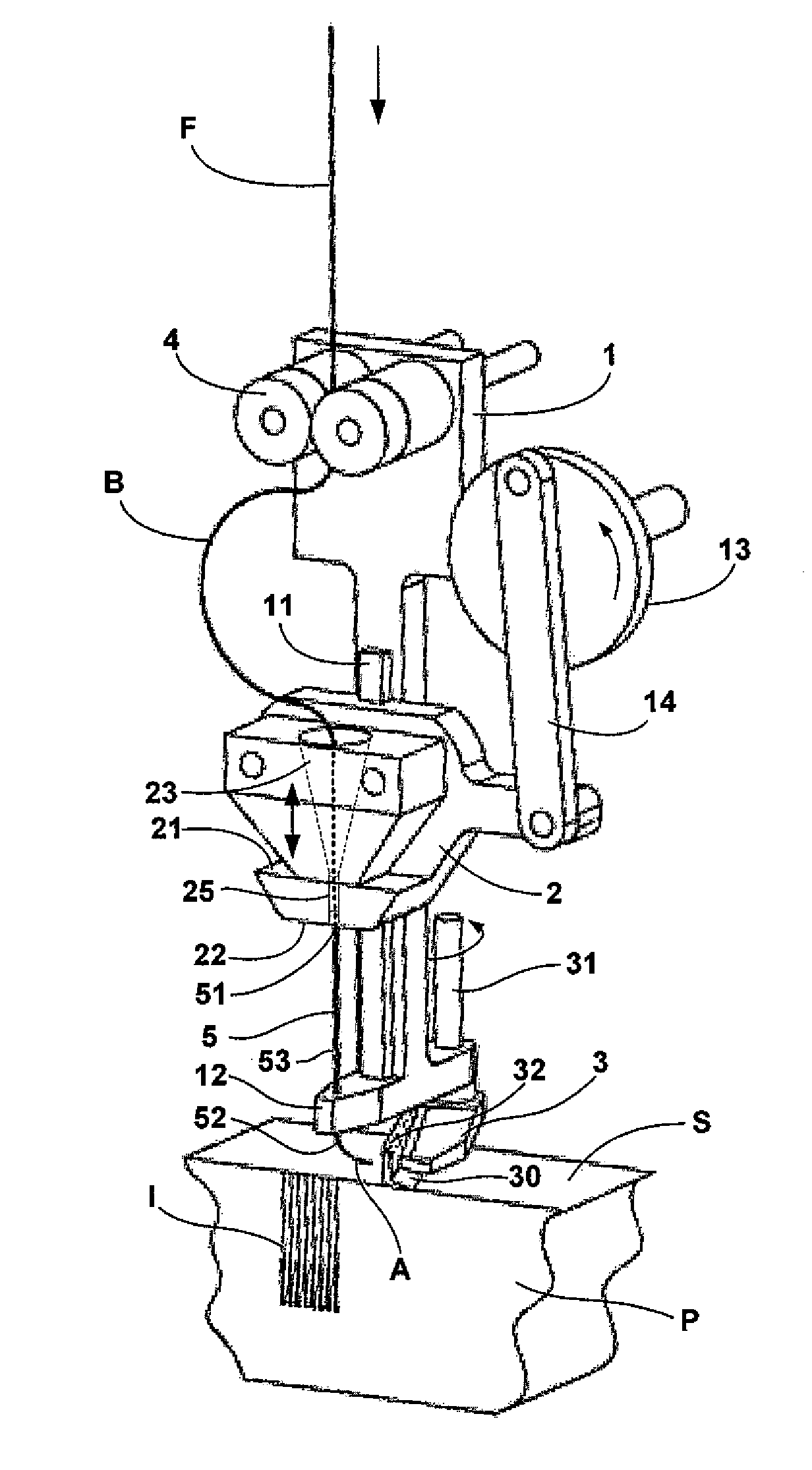 Device and method for embedding threads in a rubber profiled element