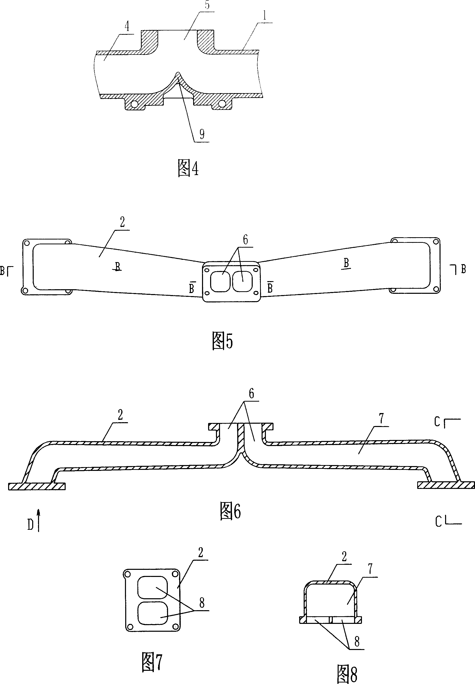 Multi-pulse conversion exhausting device of 8-cylinder straight-row diesel engine