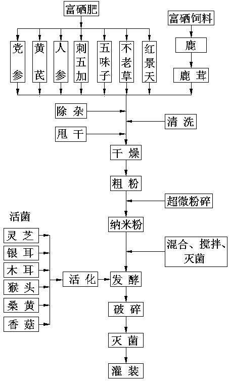 Compound medicinal fungus fermented selenium-enriched nanometer genuine medicinal material oral liquid and preparation method thereof