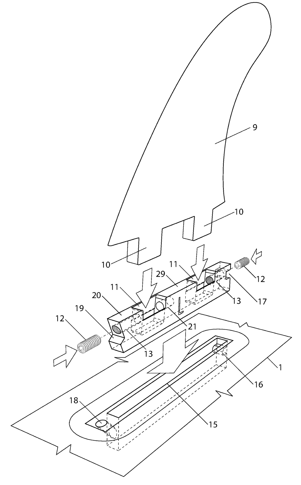 Adapter for the insert of two-tabbed fins into single-tabbed fin boxes of a surfboard