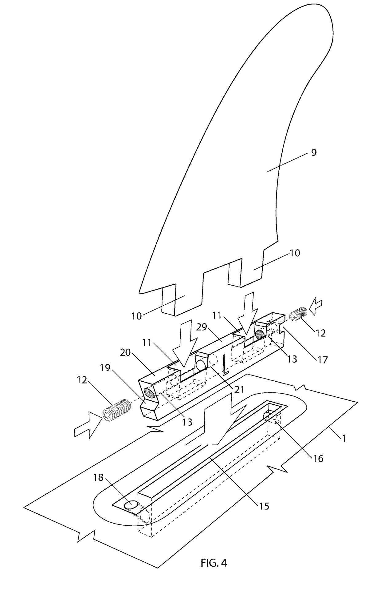 Adapter for the insert of two-tabbed fins into single-tabbed fin boxes of a surfboard