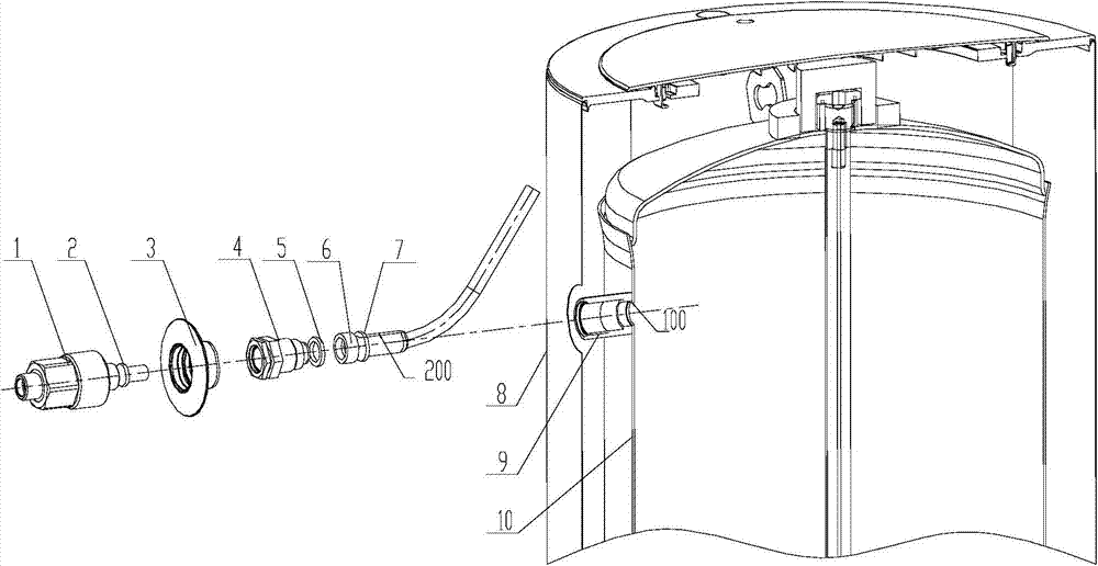 Water tank inlet and outlet pipes and water tank device