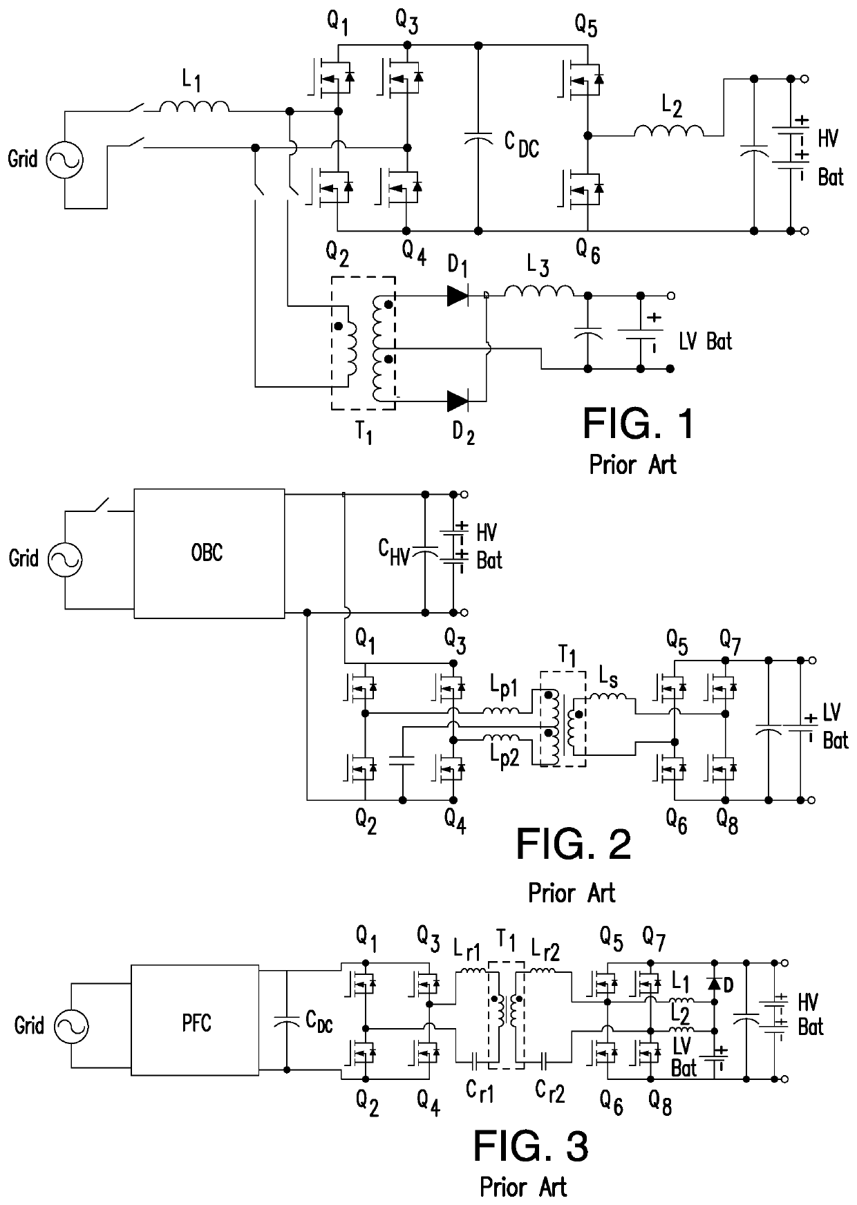 Vehicle on-board charger for bi-directional charging of low/high voltage batteries