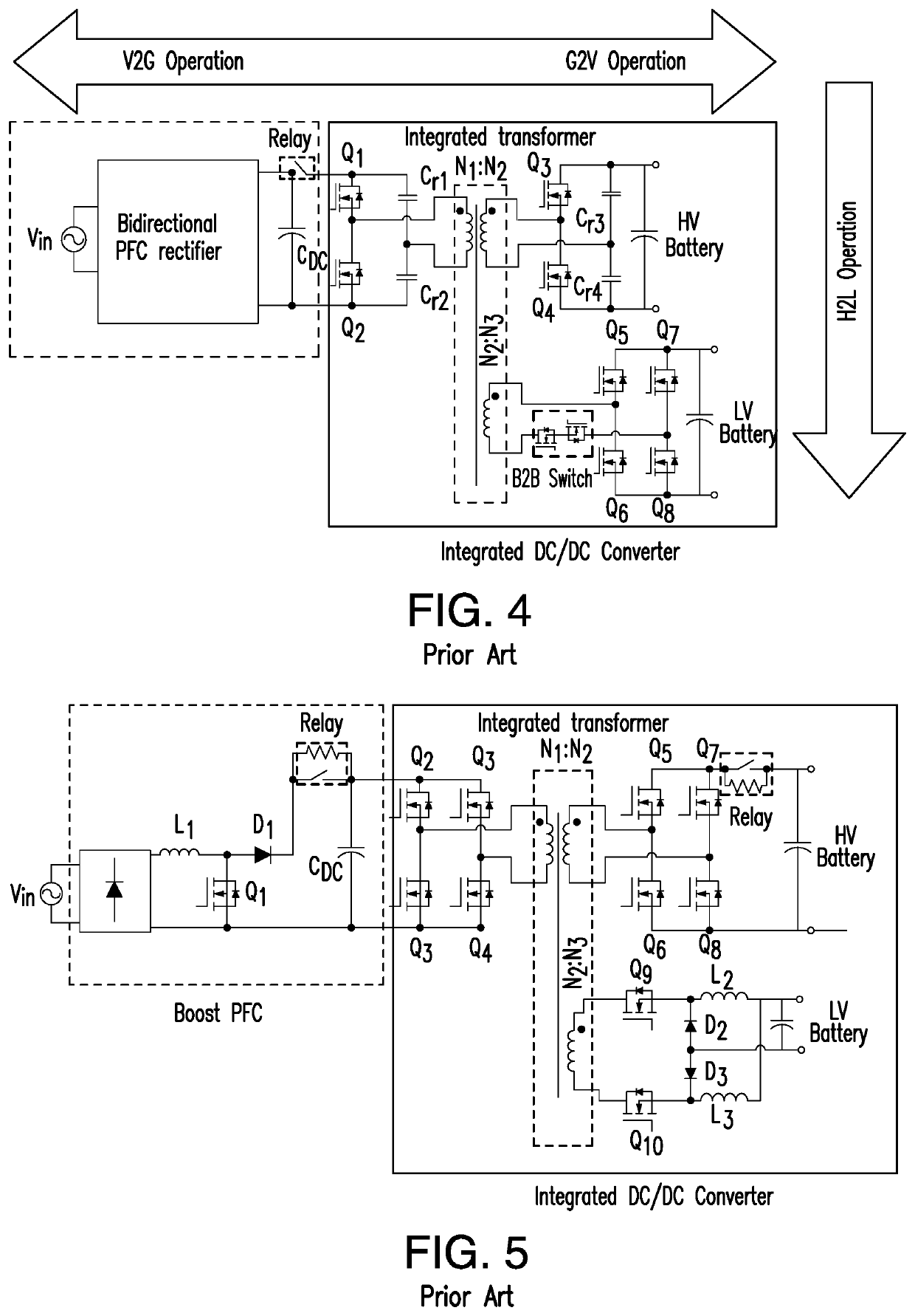 Vehicle on-board charger for bi-directional charging of low/high voltage batteries