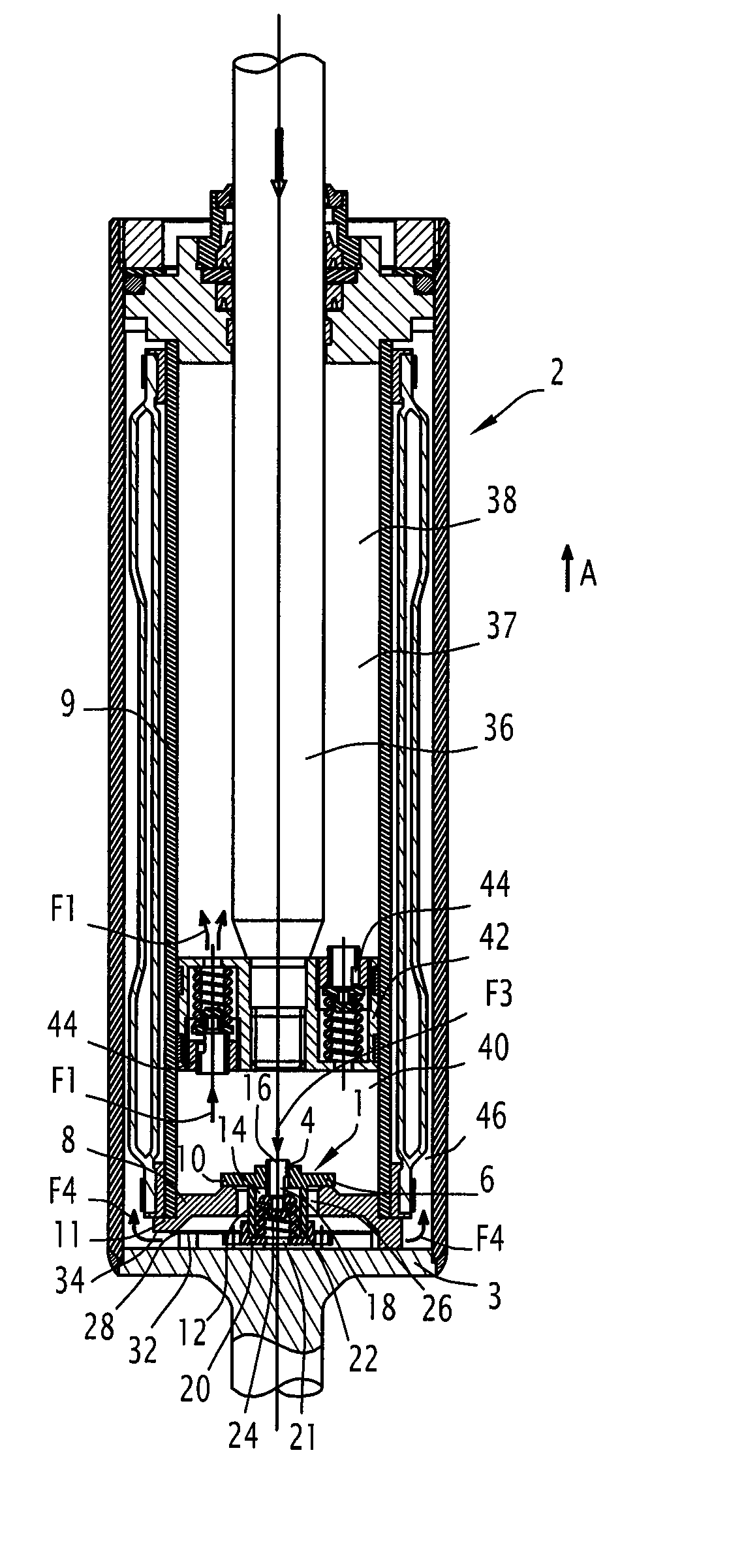 Valve assembly for damper between a lower chamber and a compensation chamber in the damper