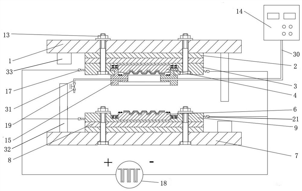 Metal bipolar plate gas expansion forming device and process based on pulse current assistance