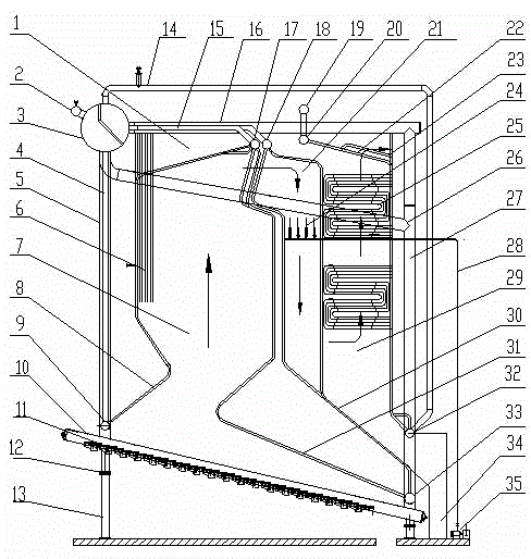 Single-boiler-barrel transversely-arranging type reciprocating grate spraying and denitration corner-tube boiler