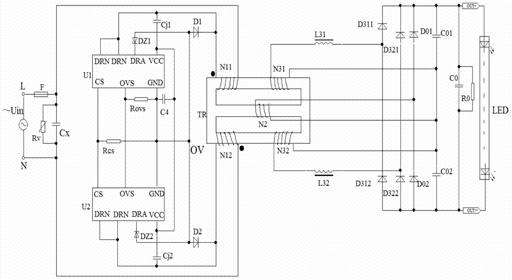 Isolated type bridgeless electrolytic-capacitor-free low-ripple-wave constant-current power supply of LED lamp