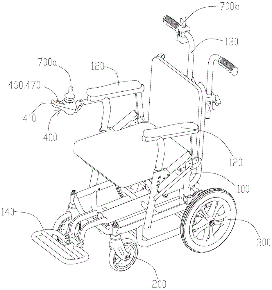 An electric wheelchair controlled by two handles