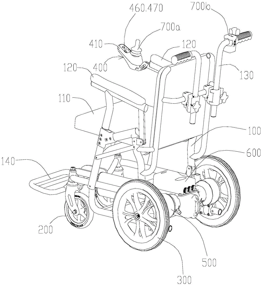 An electric wheelchair controlled by two handles