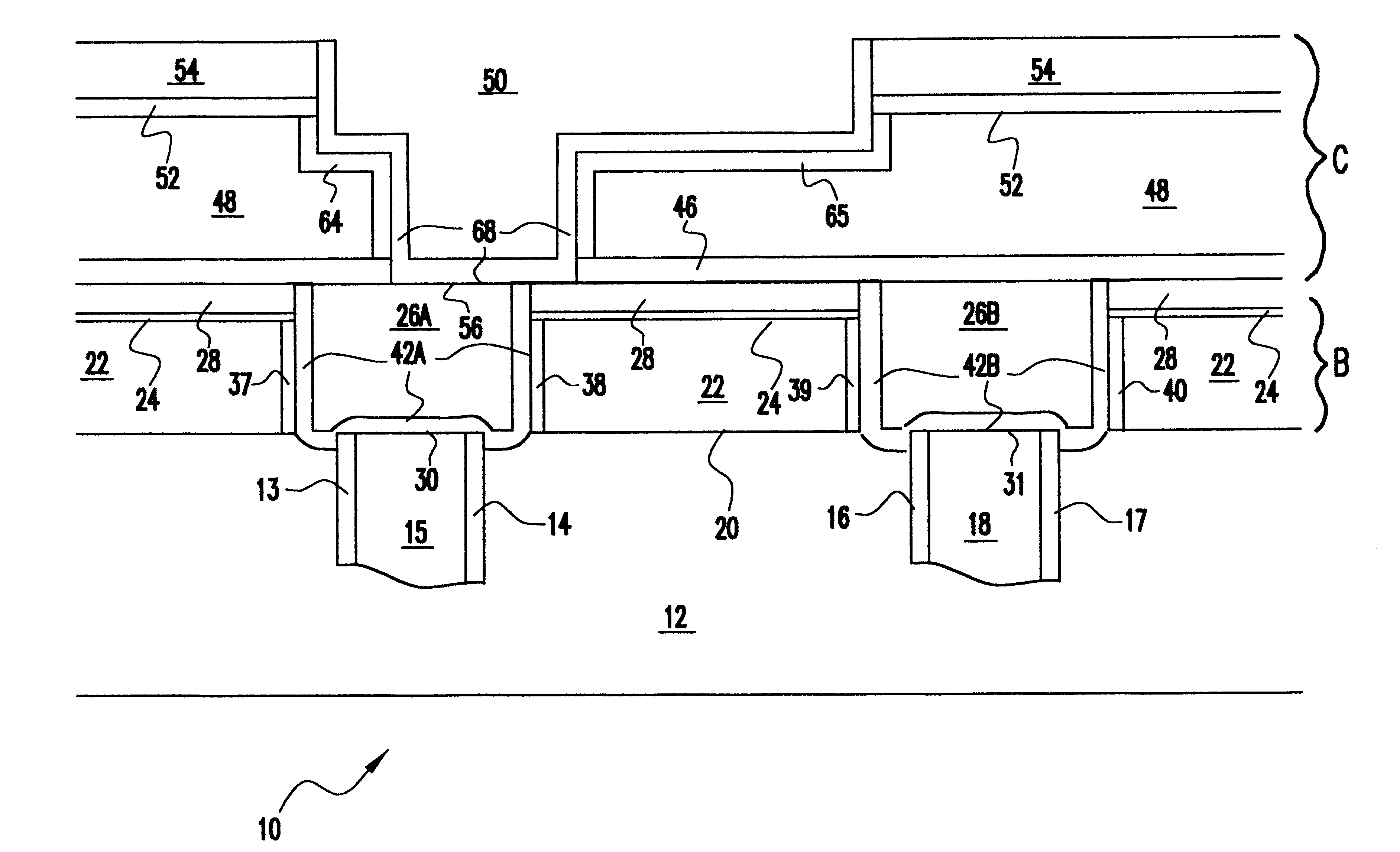 Dual damascene flowable oxide insulation structure and metallic barrier