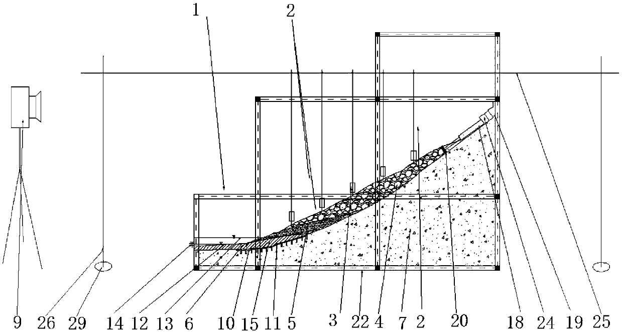 Test device and method for the influence of water level fluctuation on the stability of the rock pile slope in the underlying ice layer