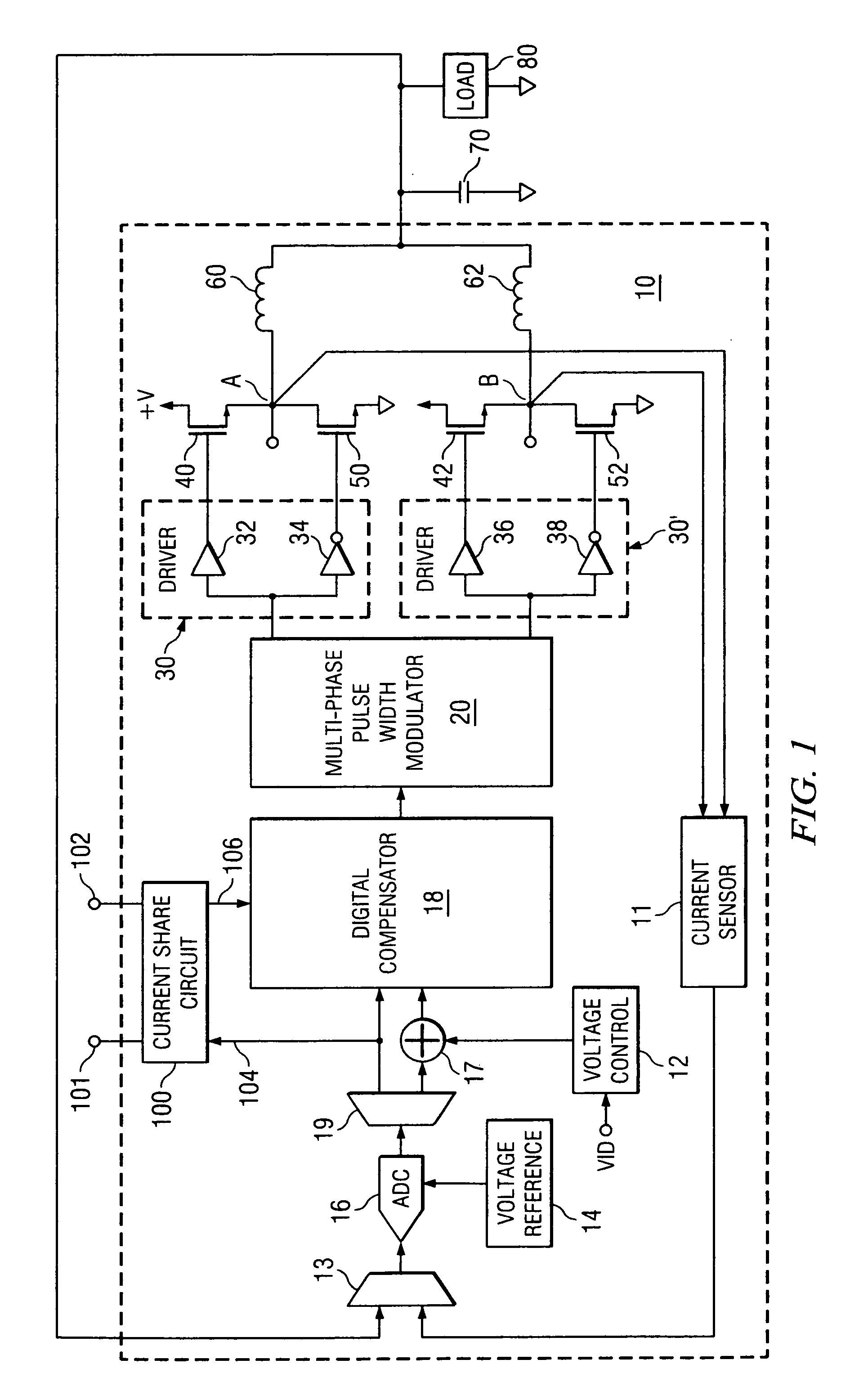 Regulated power supply with multiple regulators sharing the total current supplied to a load