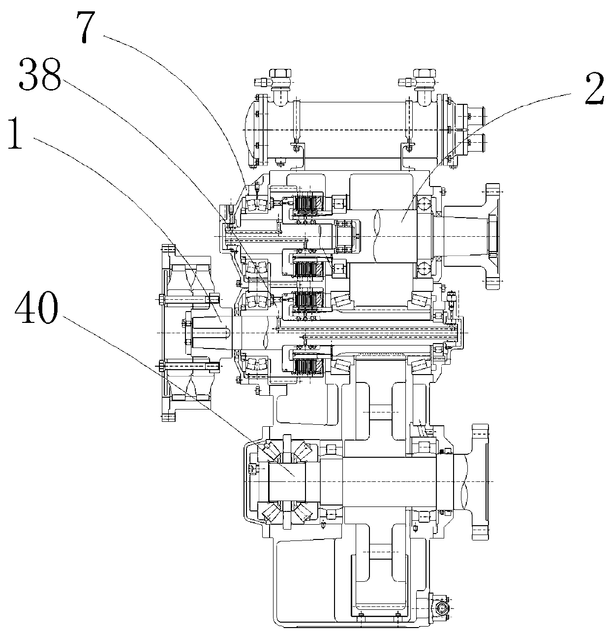 Gearbox with reversing, ahead running, clutching and full-power PTO (Power Take Off) output functions for ship