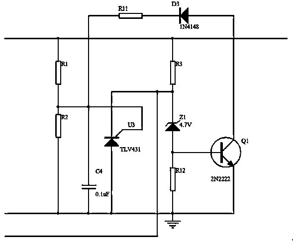 Battery powered overvoltage and undervoltage locking and 28V-voltage stabilization protection circuit