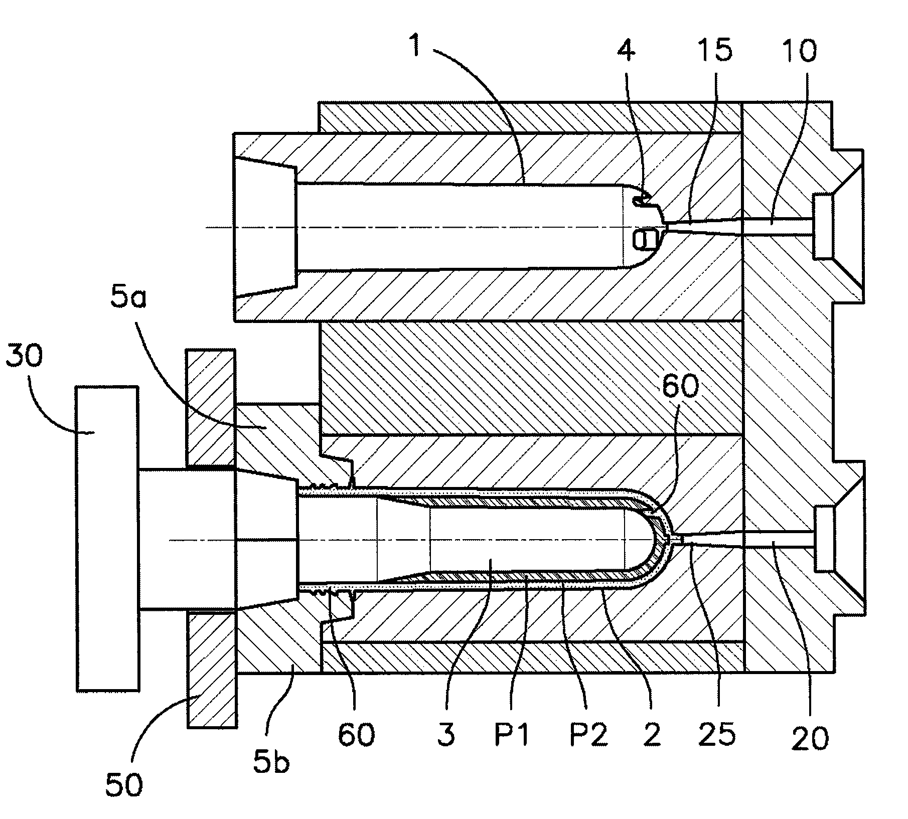 Mold and method for manufacturing two-layered preforms by injection overmolding, and two-layered preform