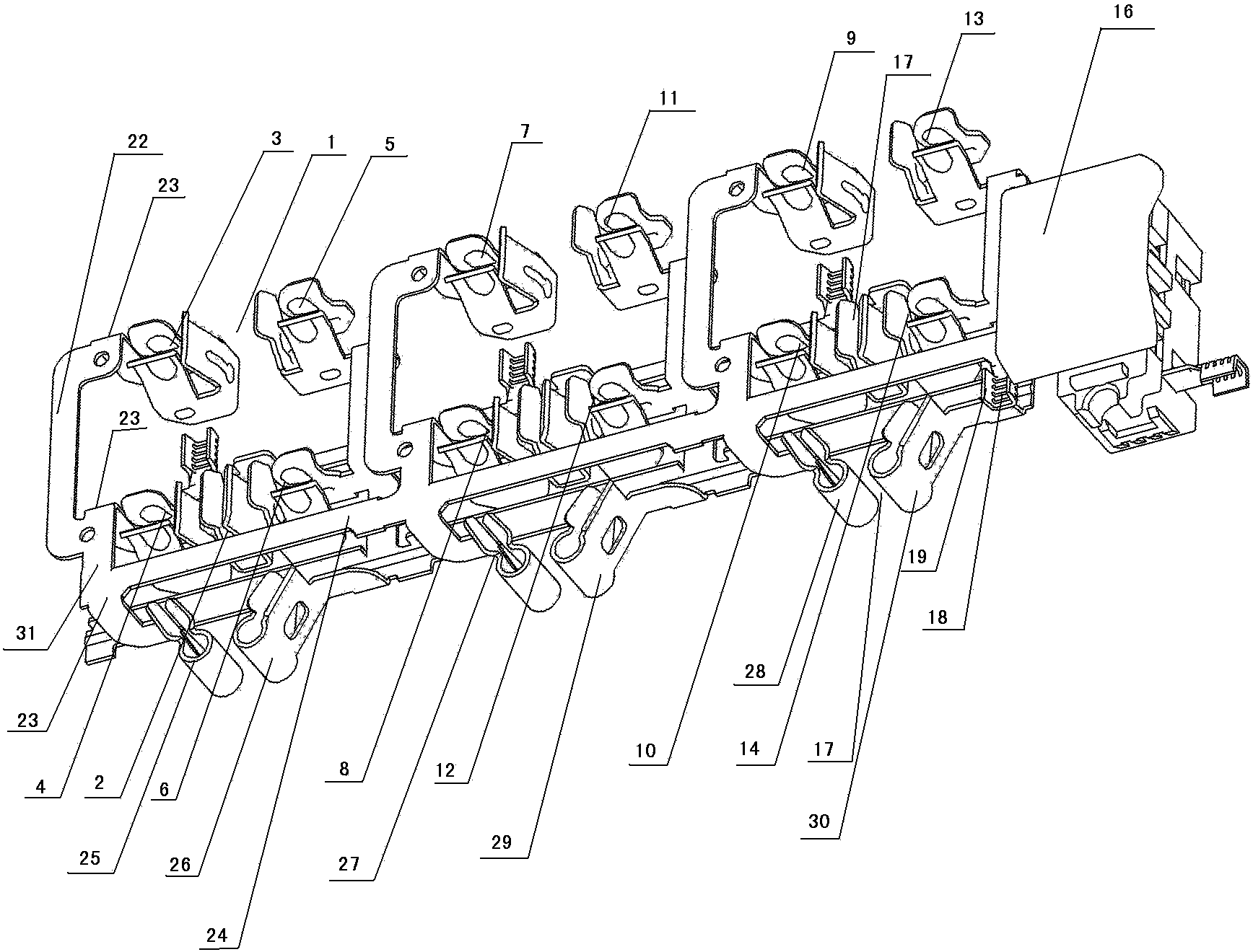 Switch plug bush full-linked structure of three-position dipolar oblate plugs and three-position five-hole plugs