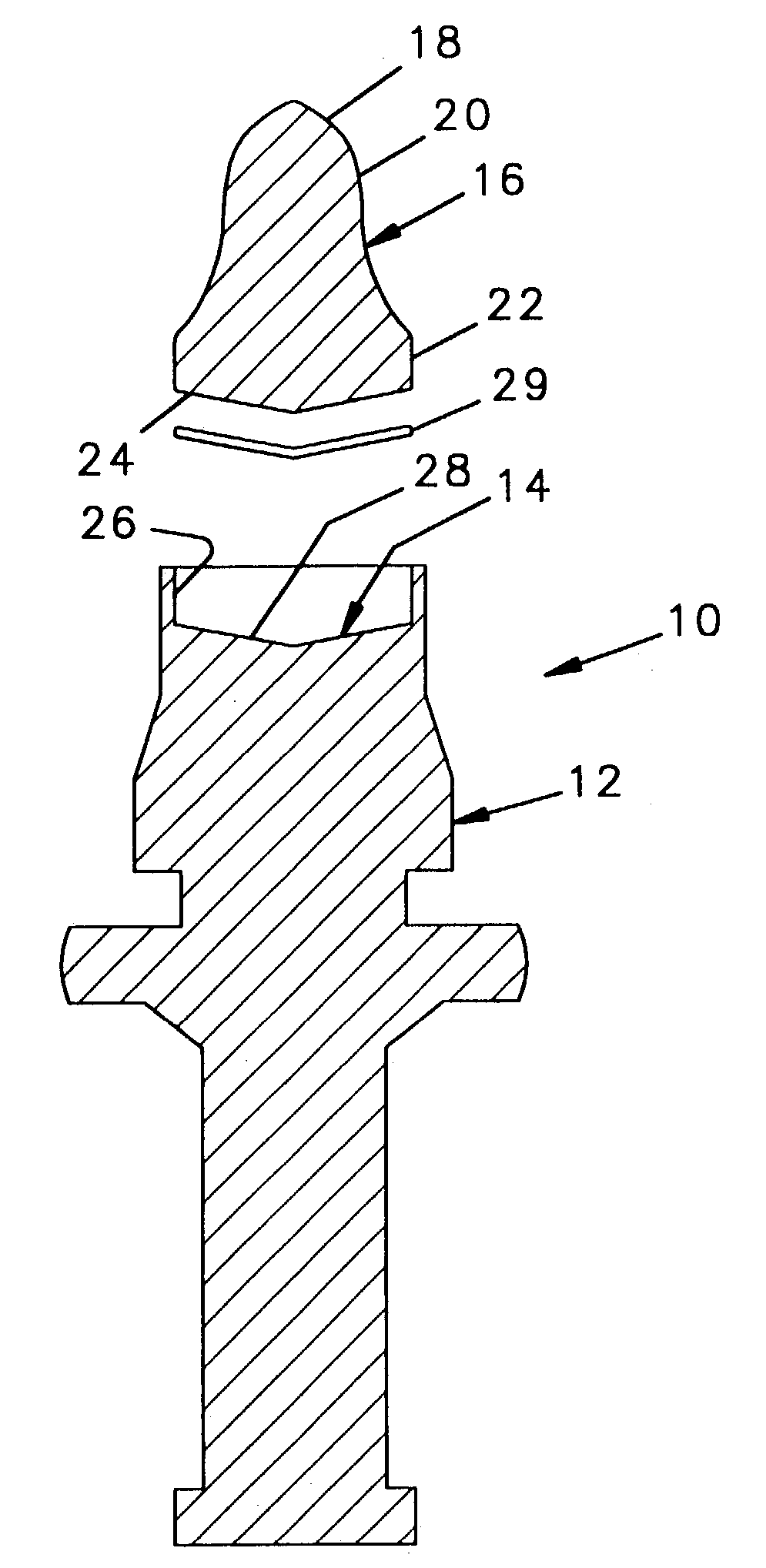 Cutting tool with hardened tip having a tapered base