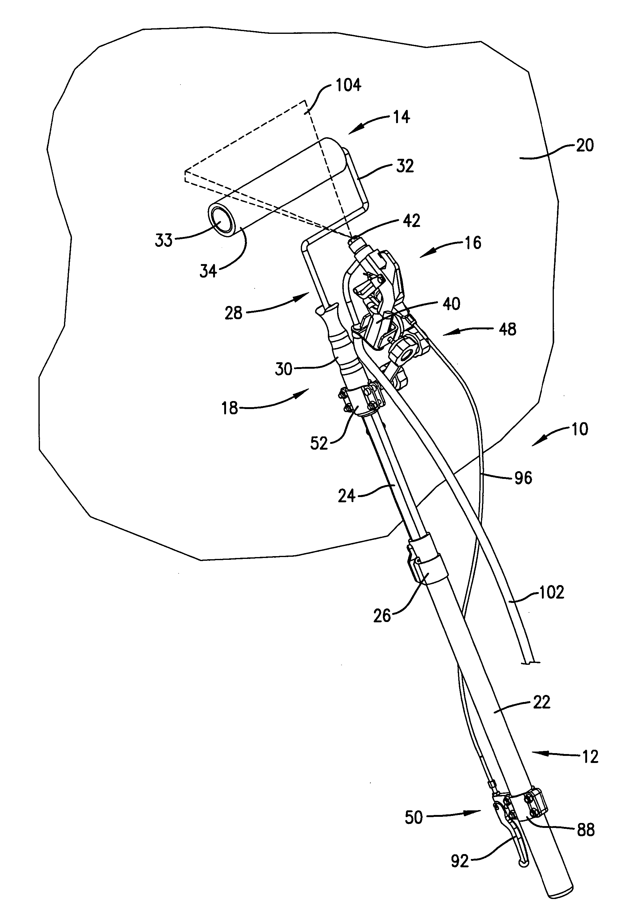 Assembly for mounting paint spray gun to extension pole with paint applicator