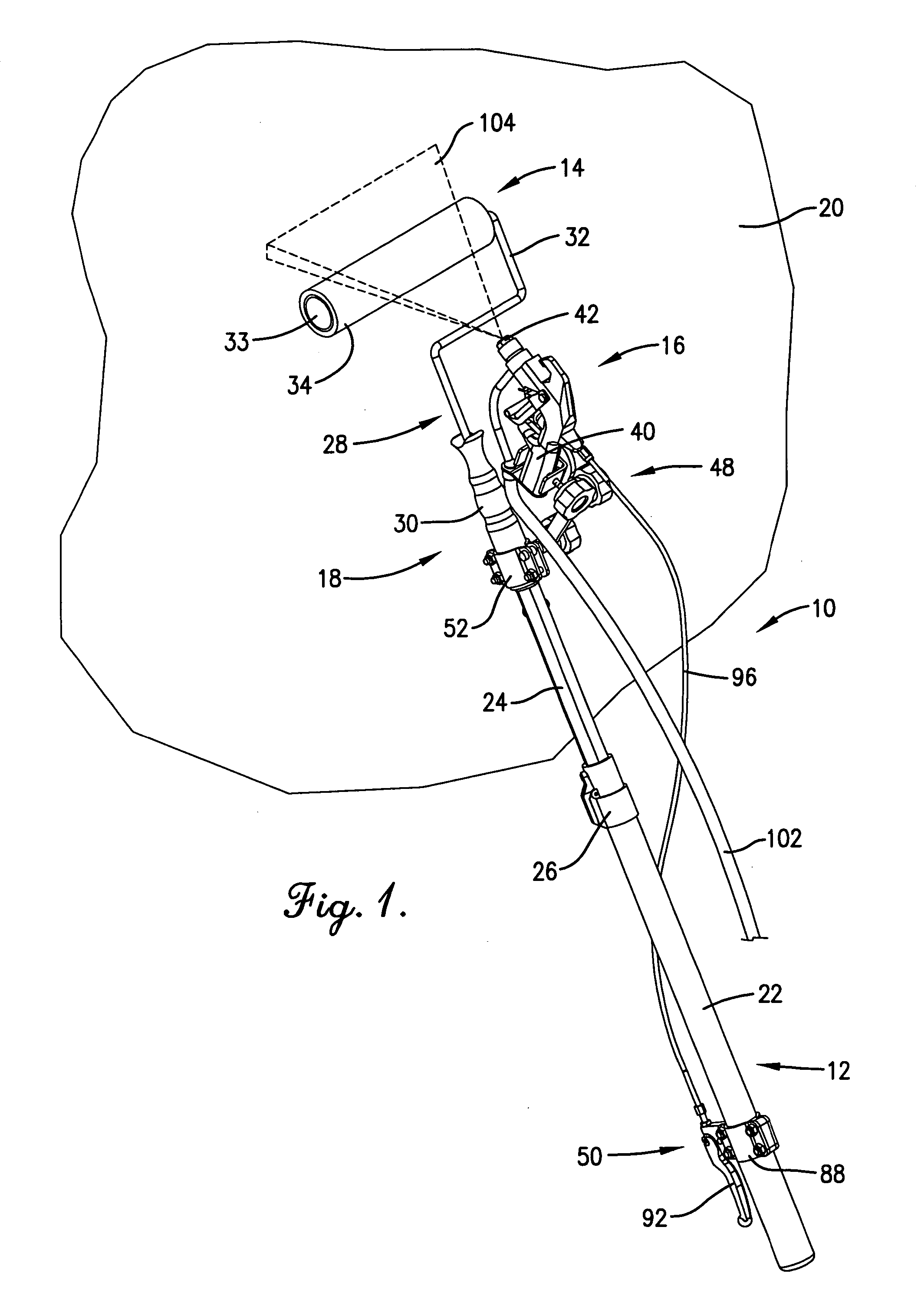 Assembly for mounting paint spray gun to extension pole with paint applicator