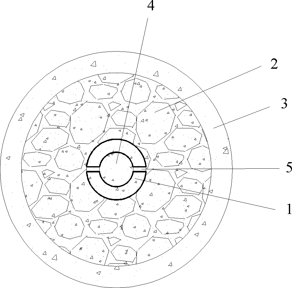 Hollow stiffness-core slurry-solidified discrete material pile and construction method thereof