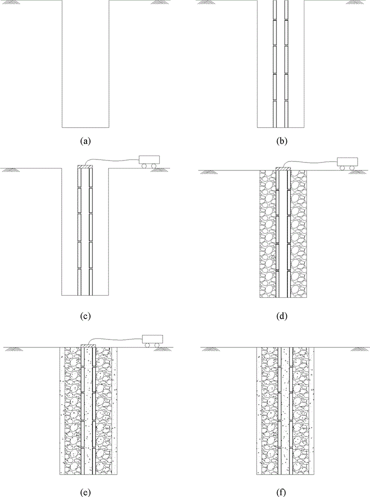 Hollow stiffness-core slurry-solidified discrete material pile and construction method thereof