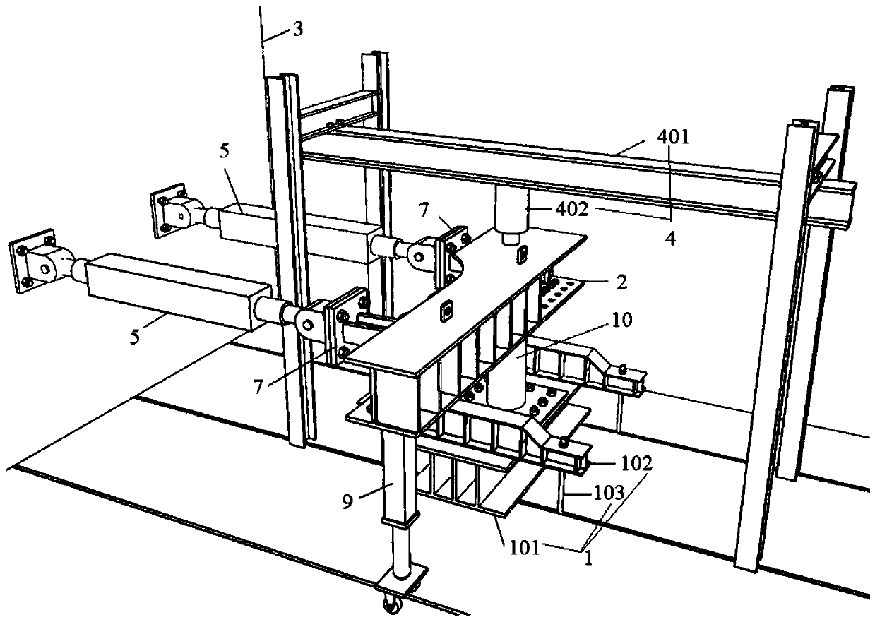 Pressing, bending and twisting composite stress test loading device