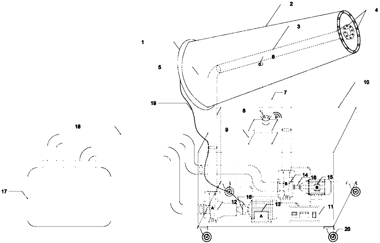 Multifunctional static mixed type water mist spraying device for treating atmospheric pollution and flying dust