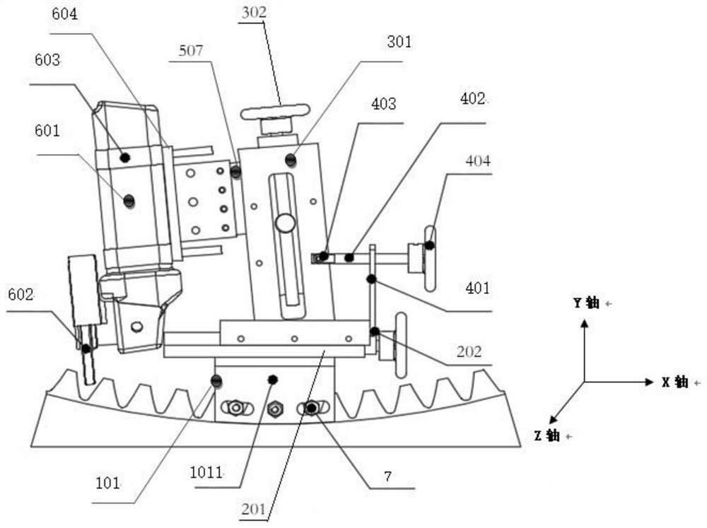 Portable three-dimensional adjustable grinding device for gear modification