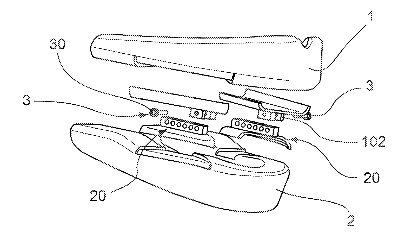 Orthosis comprising an upper tray and a lower tray, and connection with adjustable positioning